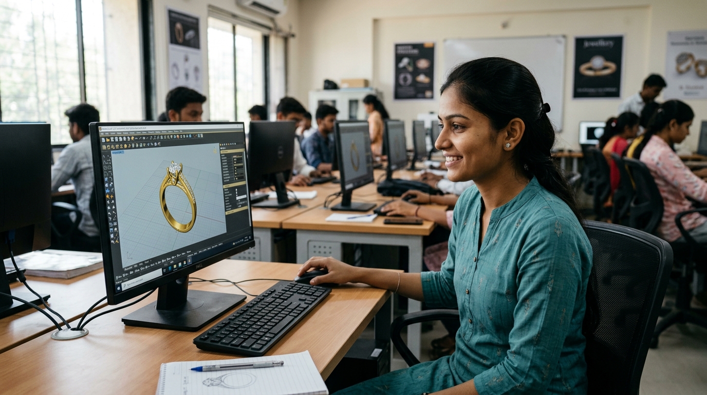 Young Indian woman learning 3D jewellery CAD design software in a modern training academy